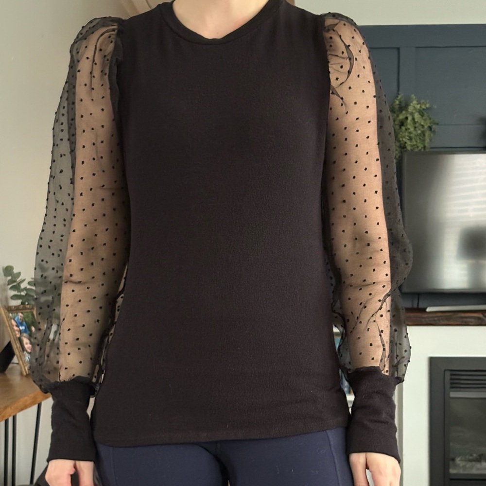 Mi Amore Black Puff-Sleeve Dot Mesh Sweatshirt